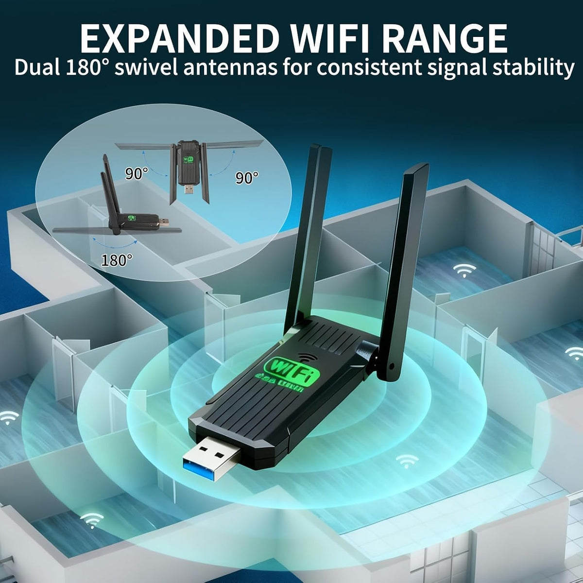 1300Mbps Wifi Dongle, USB 3.0 Wireless Wifi Adapter with 5Dbi Dual Band