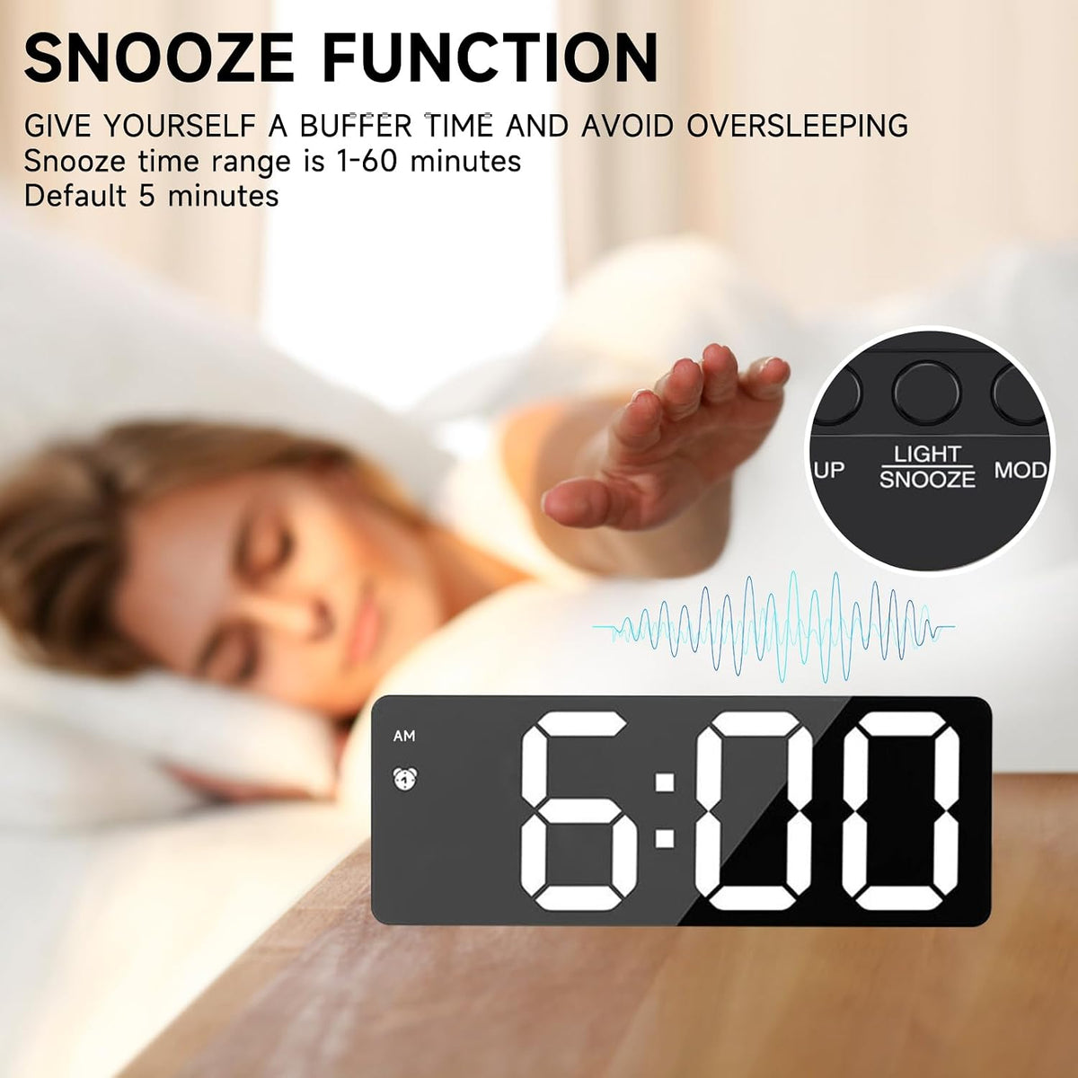 Bedside Digital Alarm Clock, Large LED Electronic Alarm Clocks with Snooze, Date, Temperature Display, Brightness Adjustable, 12/24H, Non Ticking Digital Clock, Usb/Battery Powered Bedroom Desk Clocks