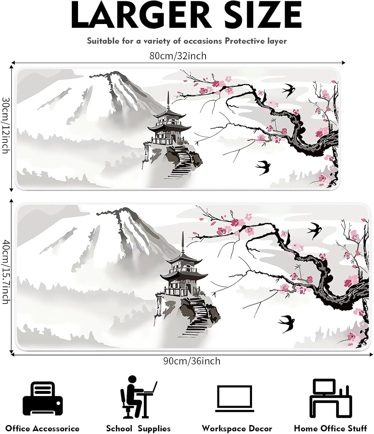 Gaming Mouse Pad, XXL Keyboard Mouse Mat Desk Pad with Non-Slip Rubber Base for Office & Home Computers, Laptop, Gaming (Ink Painting, 80 X 30 Cm)