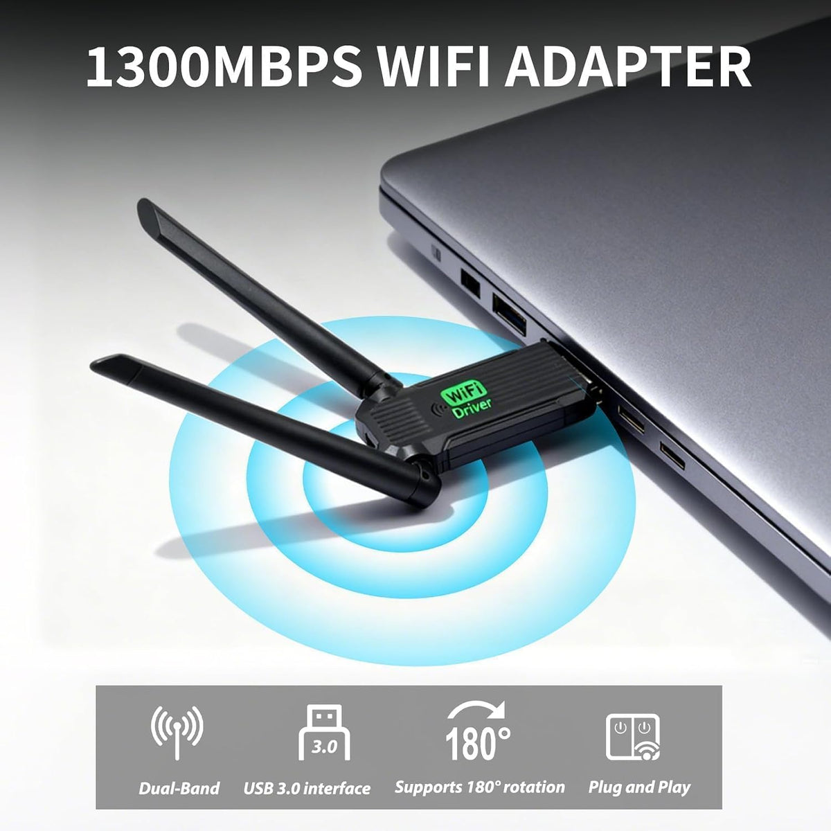 1300Mbps Wifi Dongle, USB 3.0 Wireless Wifi Adapter with 5Dbi Dual Band