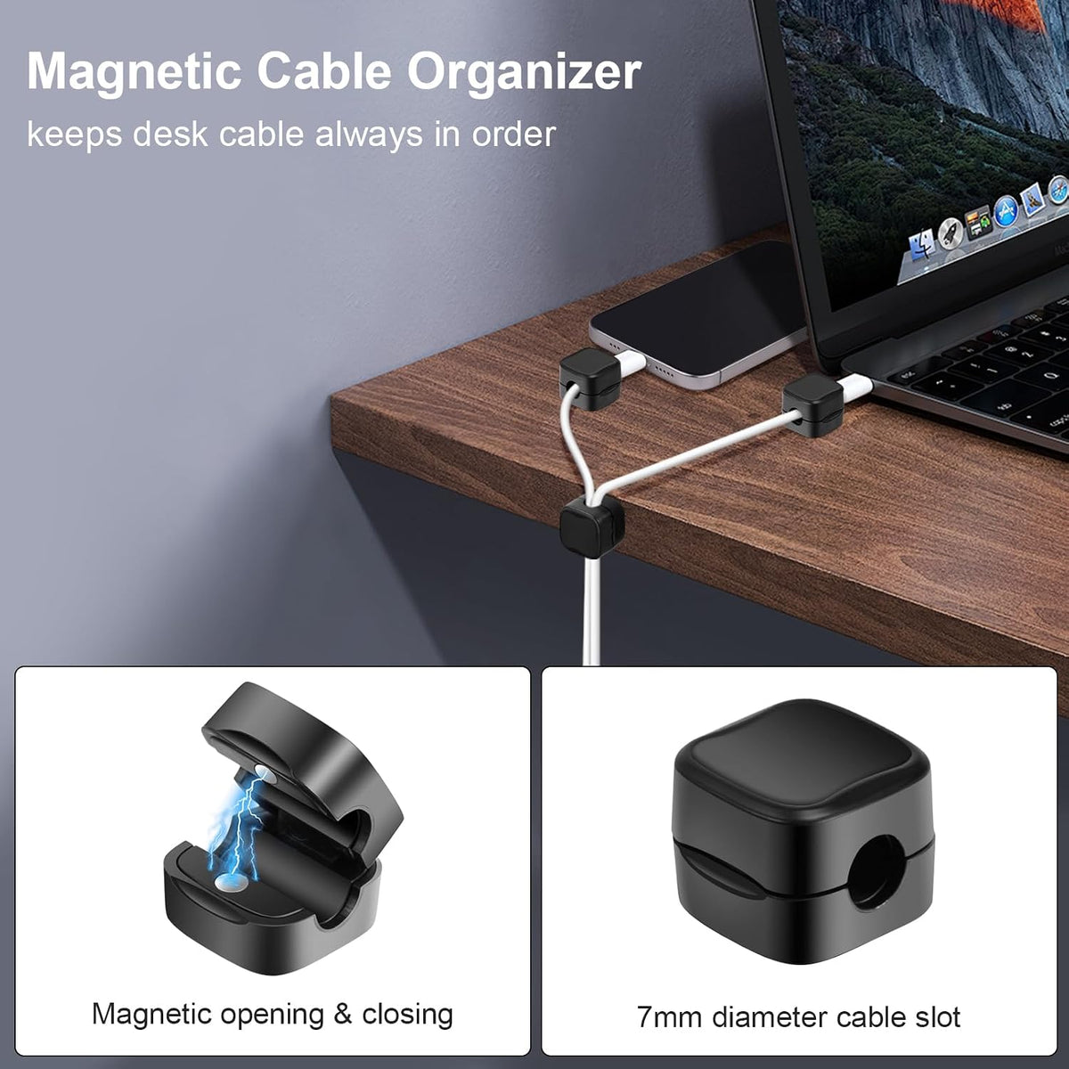 Desk Cable Tidy, 12 Pcs Black Magnetic Cable Tidy, Srong Adhesive Clips Desktop Cord Holder, Hide Phone Charging Cables Keeper, Magnetic Cables Organiser for Home Office Desk Use